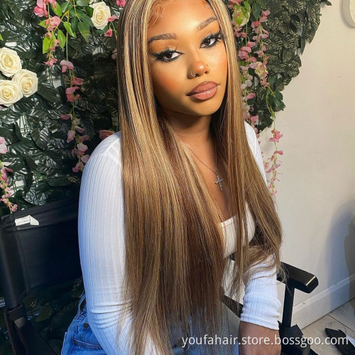Hot Honey Brown Silky Straight  Lace Frontal Wig 4 27 Ombre Color Highlight Virgin Human Hair 4*4 HD Lace Wig